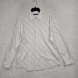 Point X Men's White Long Sleeve Button Down Shirt Diagonal Pink Stripes Size M